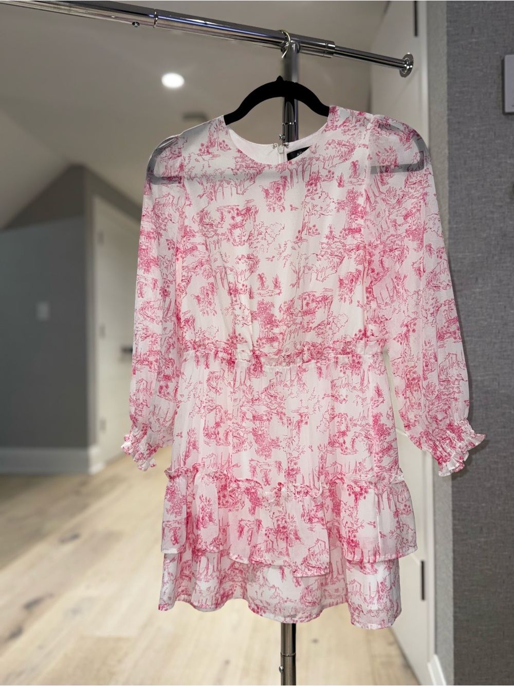 Aqua Pink Toile-Print Ruffled Girls' Dress